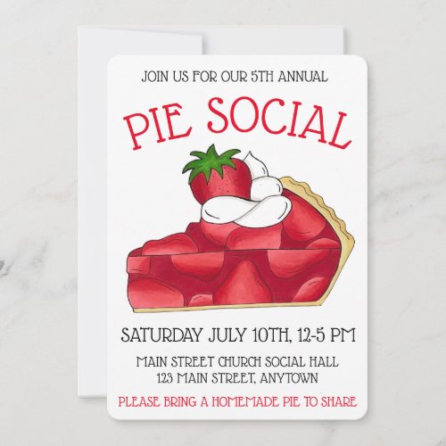 Pie Social Party Dessert Bake Sale Strawberry Invitation