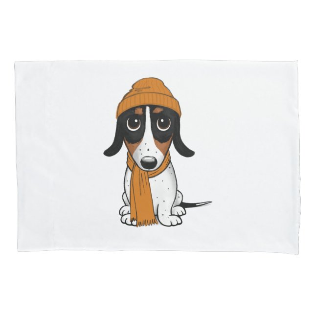 Piebald Dachshund | Cute Cartoon Dog with Hat Pillow Case (Front)