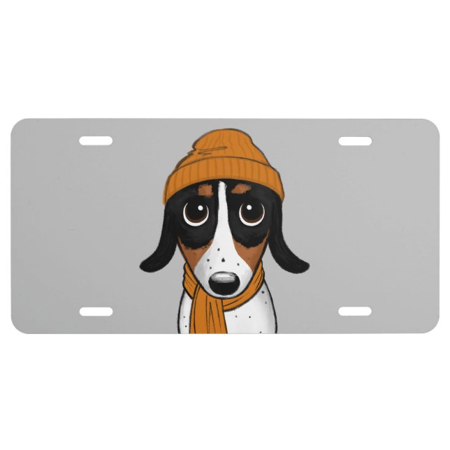 Piebald Dachshund | Cute Dog Wearing Orange Beanie License Plate (Front)