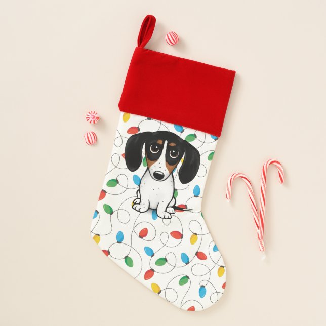 Piebald Dachshund Cute Dog with Holiday Lights Christmas Stocking (Front)