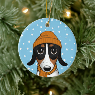 Piebald Dachshund Cute Winter Dog Holiday Ceramic  Ornament