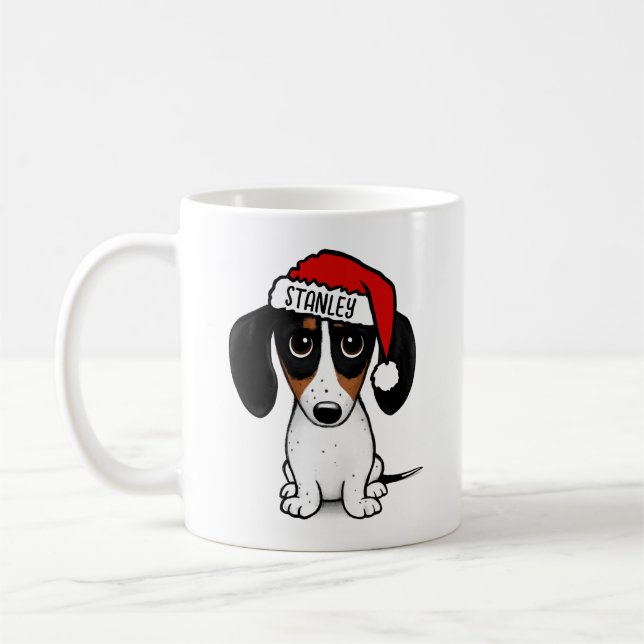 Piebald Dachshund Santa Dog Custom Name Coffee Mug (Left)