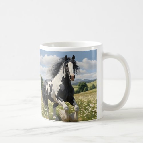 Piebald Irish Cob Horse Galloping Through Daisies Coffee Mug