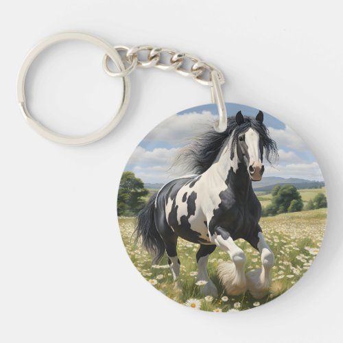 Piebald Irish Cob Horse Galloping Through Daisies Keychain