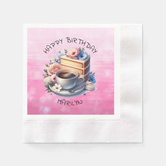 Piece of Birthday Cake, Cup of Coffee and Flowers Napkins (Front)