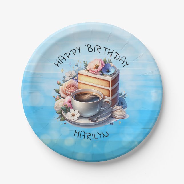 Piece of Cake, Cup of Coffee and Flowers Paper Plates (Front)