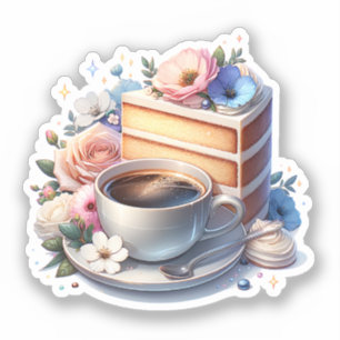 Piece of Cake, Cup of Coffee and Flowers Sticker