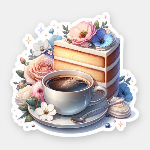 Piece of Cake Cup of Coffee and Flowers Sticker
