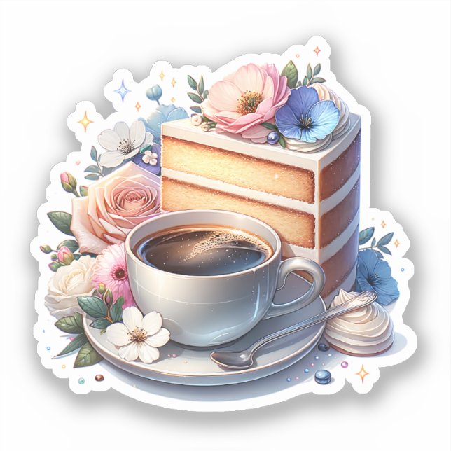 Piece of Cake, Cup of Coffee and Flowers Sticker (Front)
