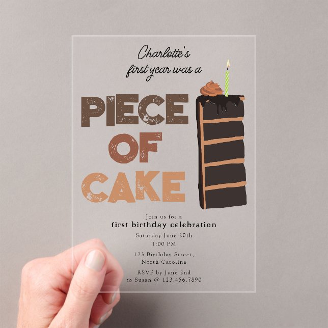 Piece of Cake Invite 1st  First Birthday Cute Acrylic Invitations (Insitu (Handheld))