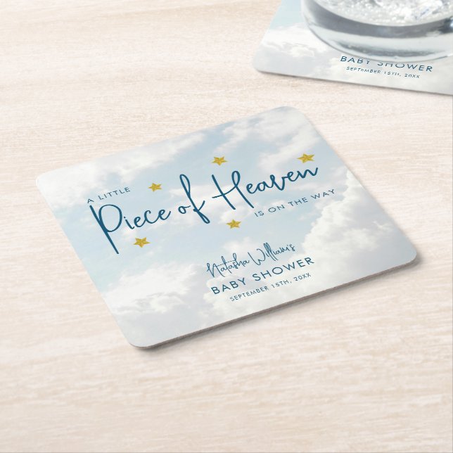 Piece of Heaven Clouds Baby Shower Square Paper Coaster (Angled)