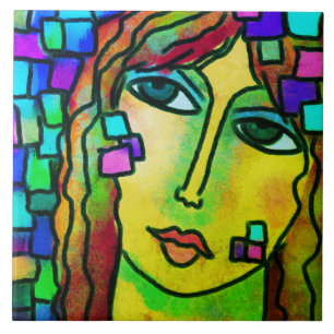 Pieces Abstract Digital Portrait of a Woman Ceramic Tile