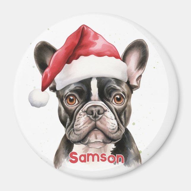Pied Black White French Bulldog Christmas Magnet (Front)