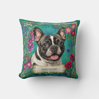 Pied French Bulldog Floral Botanical Cushion