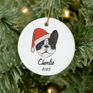 Pied Frenchie Santa Hat Christmas Ornament
