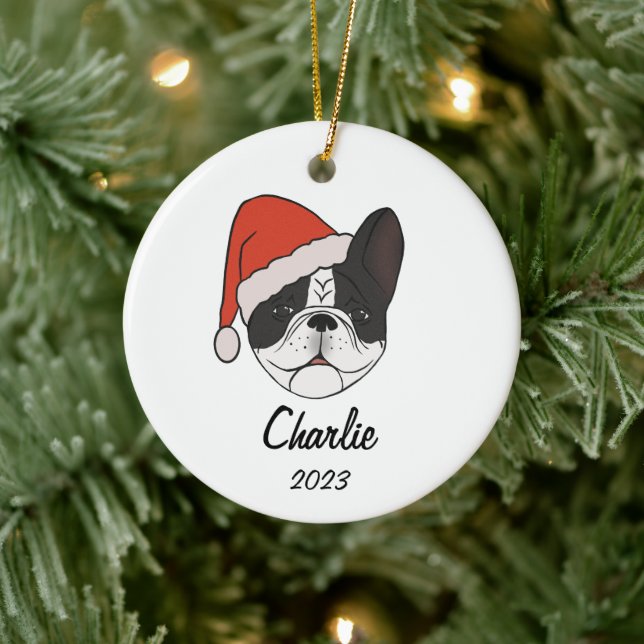 Pied Frenchie Santa Hat Christmas Ornament (Tree)