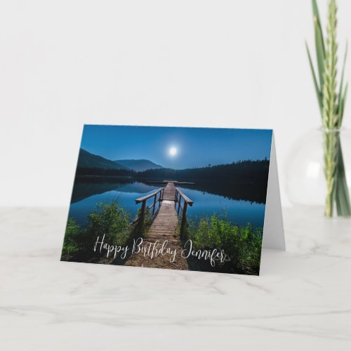 Pier at Night under a Full Moon Birthday Card