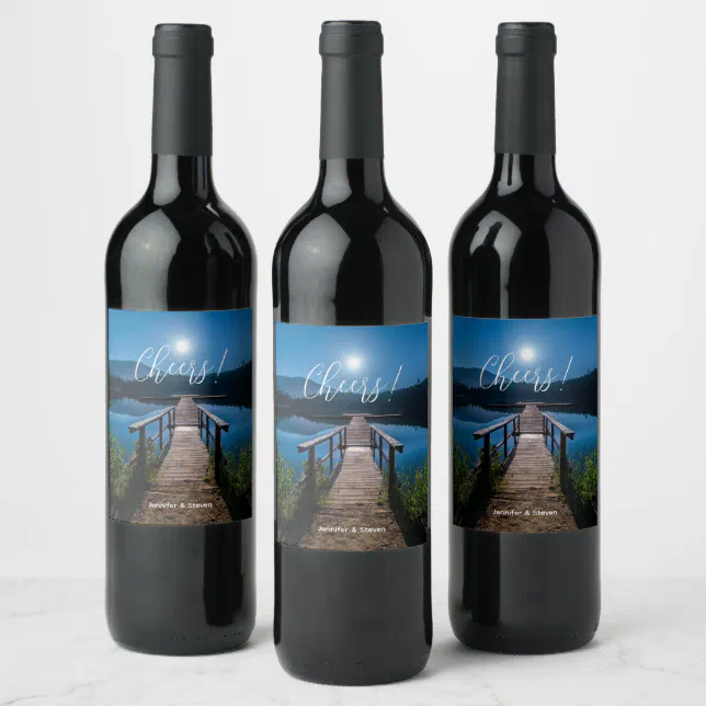 Pier at Night under a Full Moon Cheers Wine Label | Zazzle