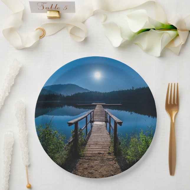 Pier at Night under a Full Moon Paper Plates (Wedding)