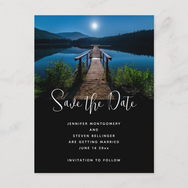 Pier at Night under a Full Moon Save the Date Invitation Postcard (Front)