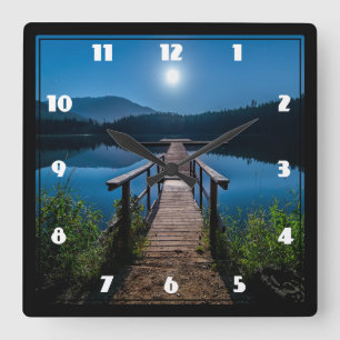 Pier at Night under a Full Moon Square Wall Clock