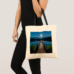 Pier at Night under a Full Moon Tote Bag