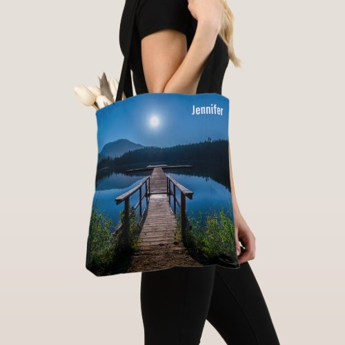 Pier at Night under a Full Moon Tote Bag