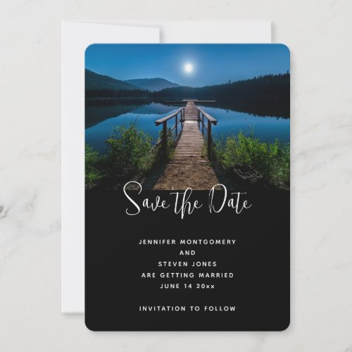 Pier at Night under a Full Moon Wedding Save The Date