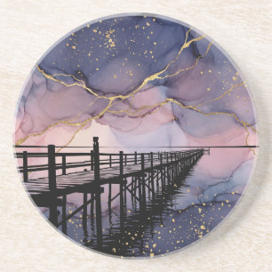 Pier at Twilight Alcohol Ink Dusk Sandstone Coaste Coaster