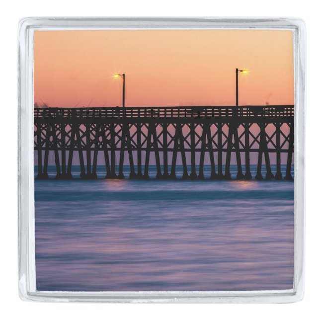 Pier beach sunset silver finish lapel pin (Front)