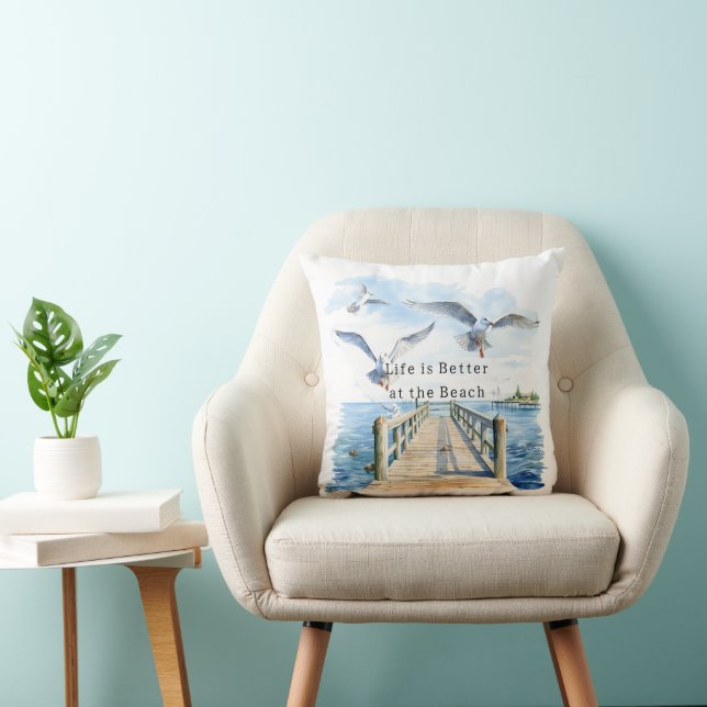 Pier Ocean Beach Birds Throw Pillow (Chair)