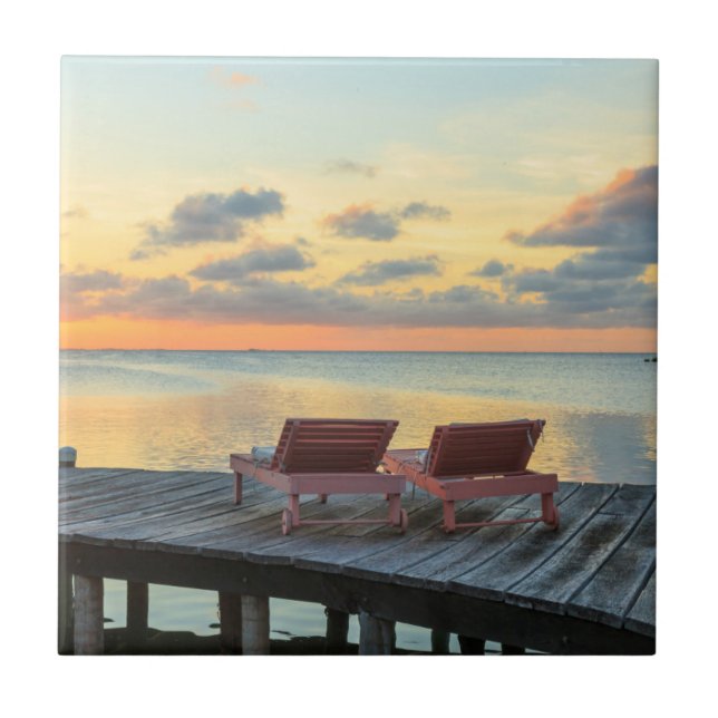 Pier overlooks the ocean, Belize Ceramic Tile (Front)