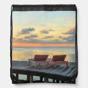Pier overlooks the ocean, Belize Drawstring Bag