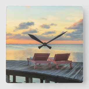 Pier overlooks the ocean, Belize Square Wall Clock