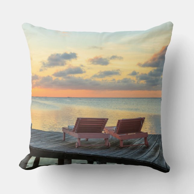 Pier overlooks the ocean, Belize Throw Pillow (Front)