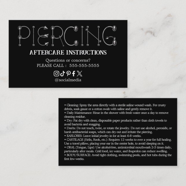 Piercing Aftercare Instructions Business Card (Front/Back)