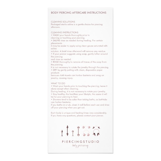 Piercing Sterling Jewelry Aftercare Instruction Rack Card