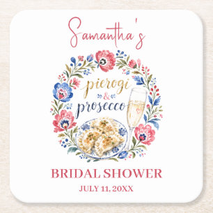 Pierogi & Prosecco Polish Folk Bridal Shower Square Paper Coaster