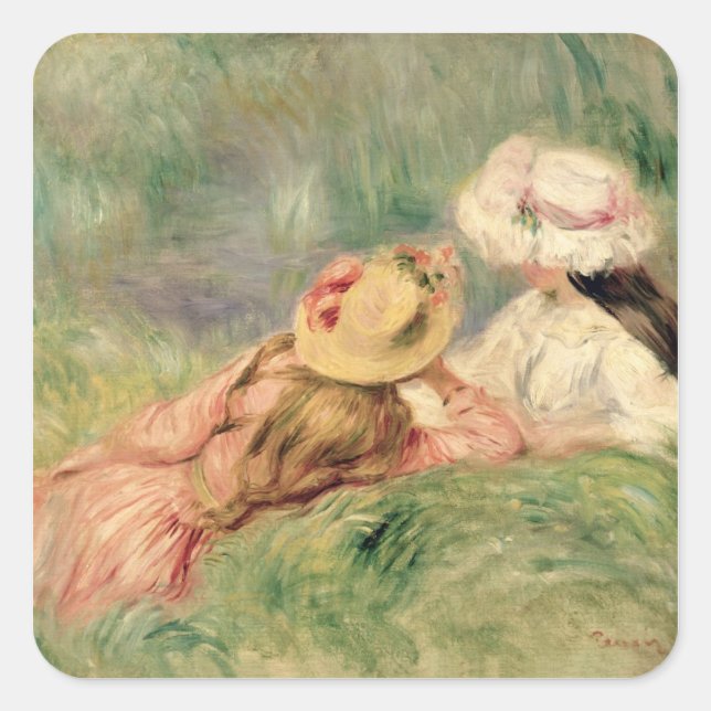 Pierre A Renoir | Young Girls on the River Bank Square Sticker (Front)