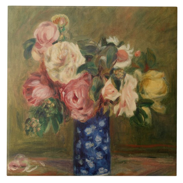 Pierre Auguste Renoir Pink Blue Bouquet of Roses Ceramic Tile (Front)