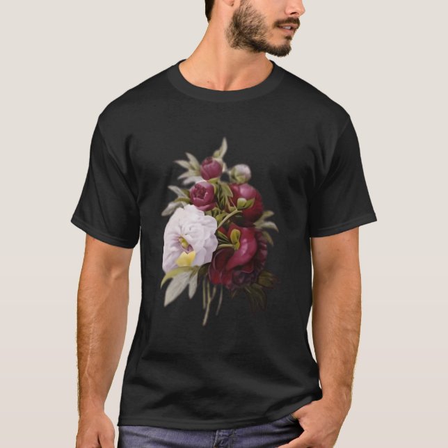 Pierre Joseph Redoute White Red Peony Paint Flower T-Shirt (Front)