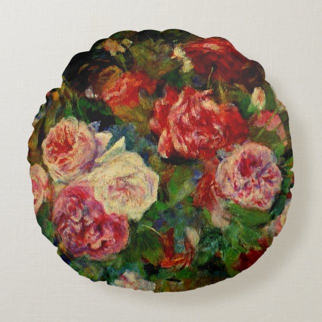 Pierre Renoir painting, Roses Round Pillow (Front)