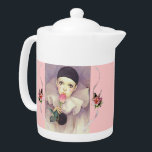 Pierrot 1980s teapot<br><div class="desc">Medium white Porcelain teapot with a vintage image of the sad clown Pierrot with a tear in her eye and a long-stemmed pin rose in her hand on pink with rose and ribbon embellishments. Pierrot is a character that has evolved in appearance with Romantic, Decadent, Symbolist, and early Modernist Theater...</div>