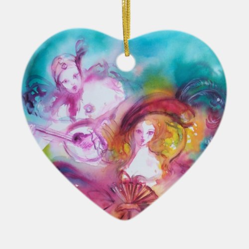 PIERROT AND ARLECCHINA  Carnival Valentine Heart Ceramic Ornament