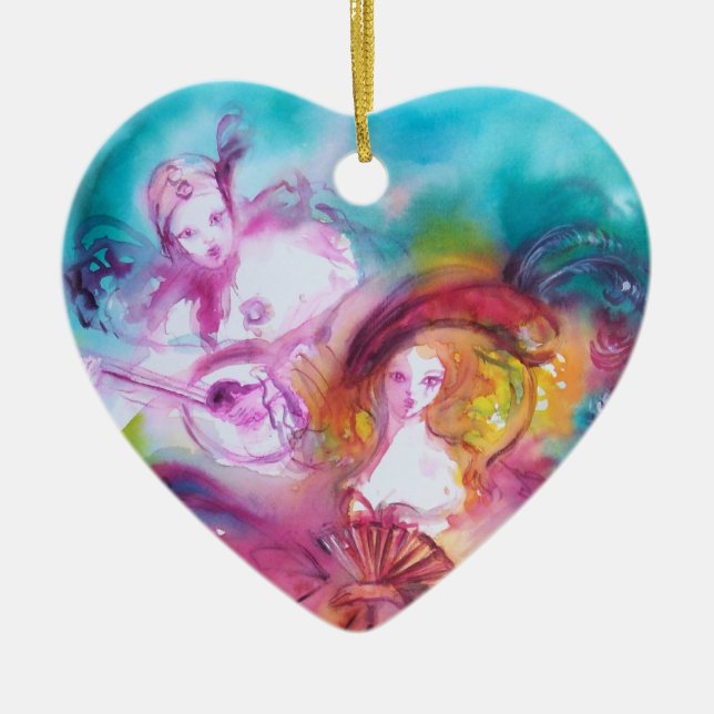 PIERROT AND ARLECCHINA / Carnival Valentine Heart Ceramic Ornament (Front)