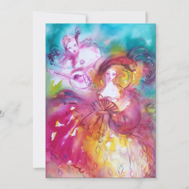 PIERROT AND ARLECCHINA Mardi Gras Masquerade Party Invitation (Front)