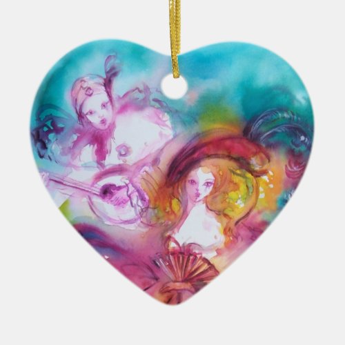 PIERROT AND ARLECCHINA THIRD MASK Valentine Heart Ceramic Ornament