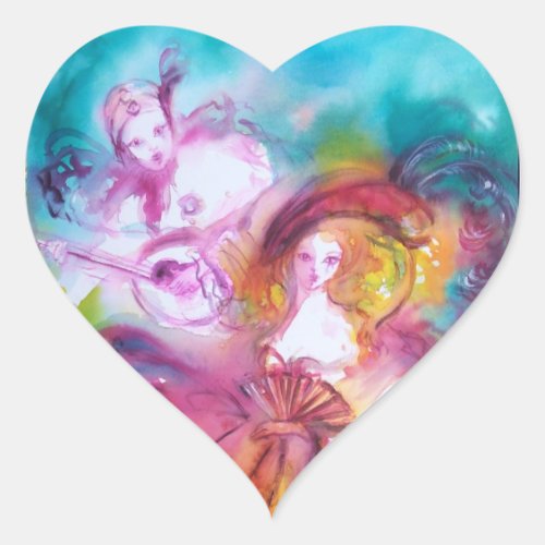 PIERROT AND ARLECCHINA Venetian Carnival Heart Sticker