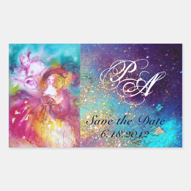 PIERROT AND ARLECCHINA Venetian Carnival,Monogram Rectangular Sticker (Front)