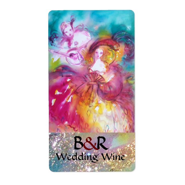 PIERROT AND ARLECCHINA Venetian Masks Wedding Wine Label (Front)